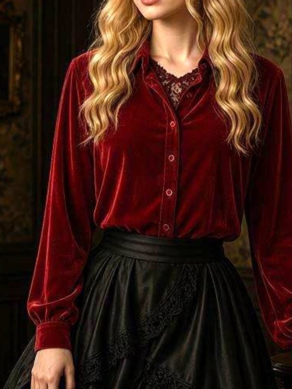 Goth, Medieval, Victorian, Costume, Whimsygoth, Scarlet Red, Velvet Blouse,Large